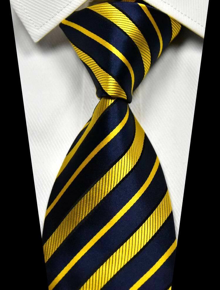 New Stripes Dark Blue Gold 100% Silk Men’s Tie Fashion Necktie 3.15”(8CM)