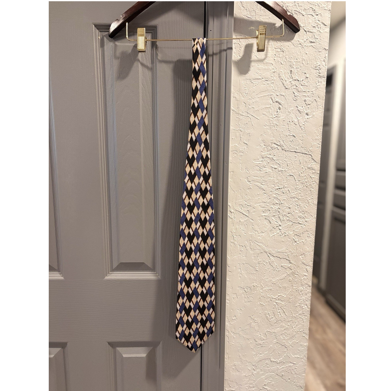 JAX Blue/Black/Gold/White Geometric 100% Silk Men’s Pointed Woven Tie
