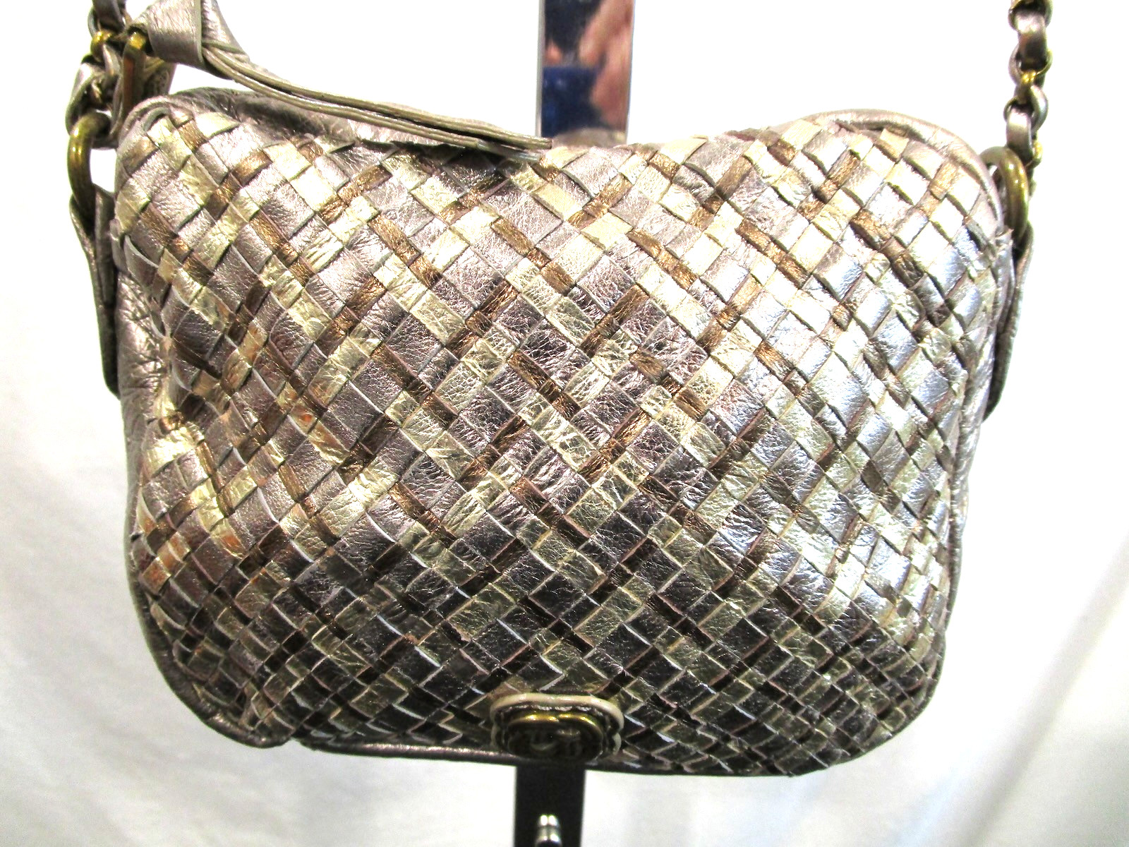 Elliott Lucca Small Silver, Gold Metallic Woven Leather Crossbody Purse