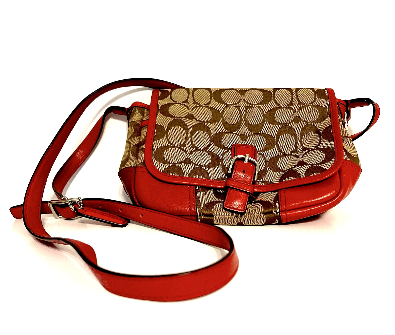 Coach F30801 Signature Stripe Crossbody Bag Khaki Canvas Coral Red Leather