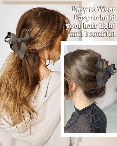 4 Pack Cute Bow Claw Clip for Women, Nonslip 4.1″ Black, Grey, Khaki, Brown