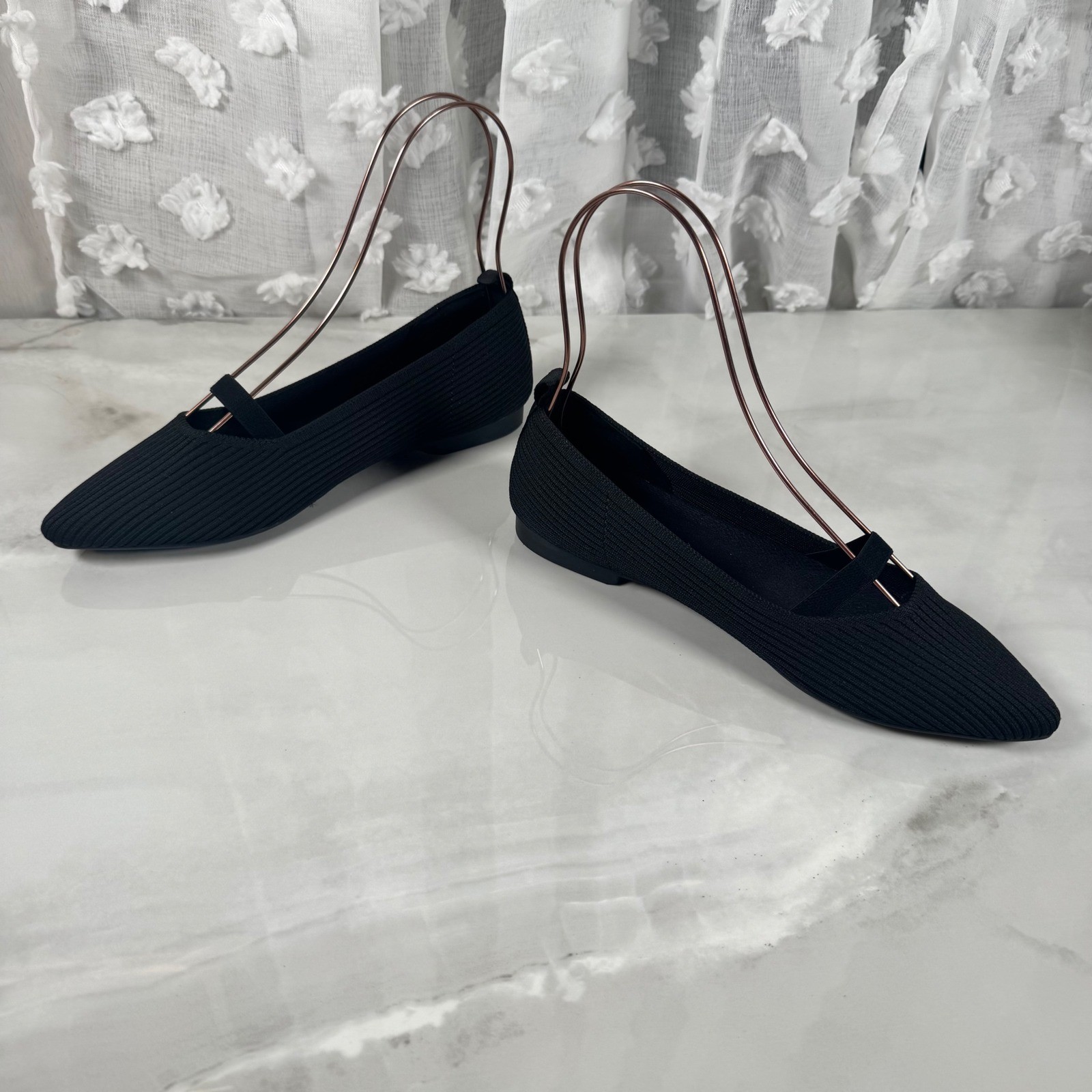 Burudani Isla Black Knit Pointed Toe Flats Breathable Slip On Mary Jane 7