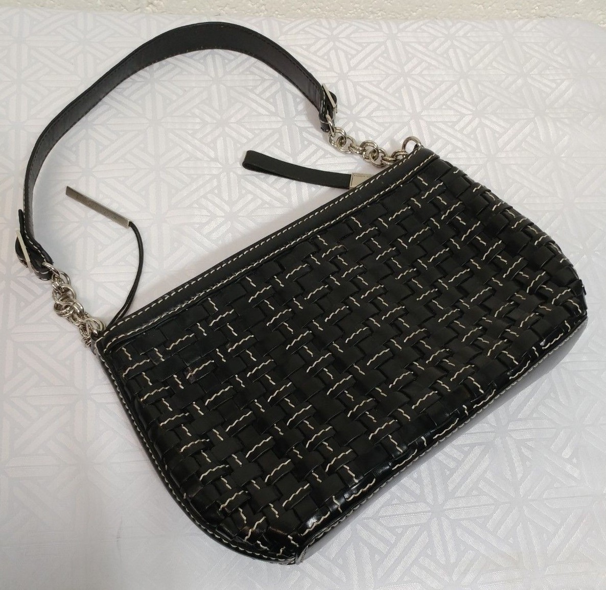 ELLIOTT LUCCA Woven BLACK LEATHER WHITE THREADED PURSE SHOULDER BAG Handbag