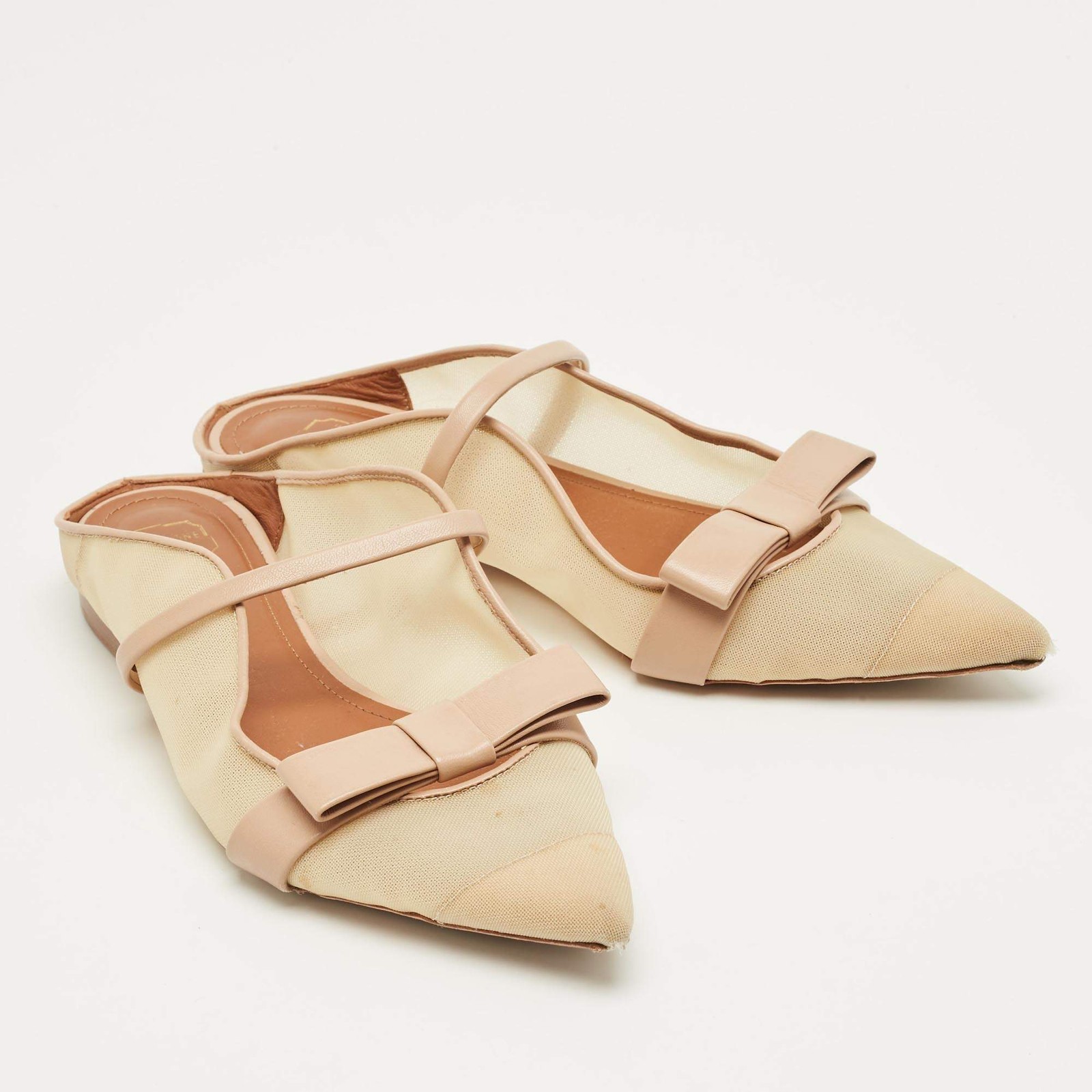 Malone Souliers BeigeCream Mesh and Leather Maureen Pointed Toe Flat Mules Size