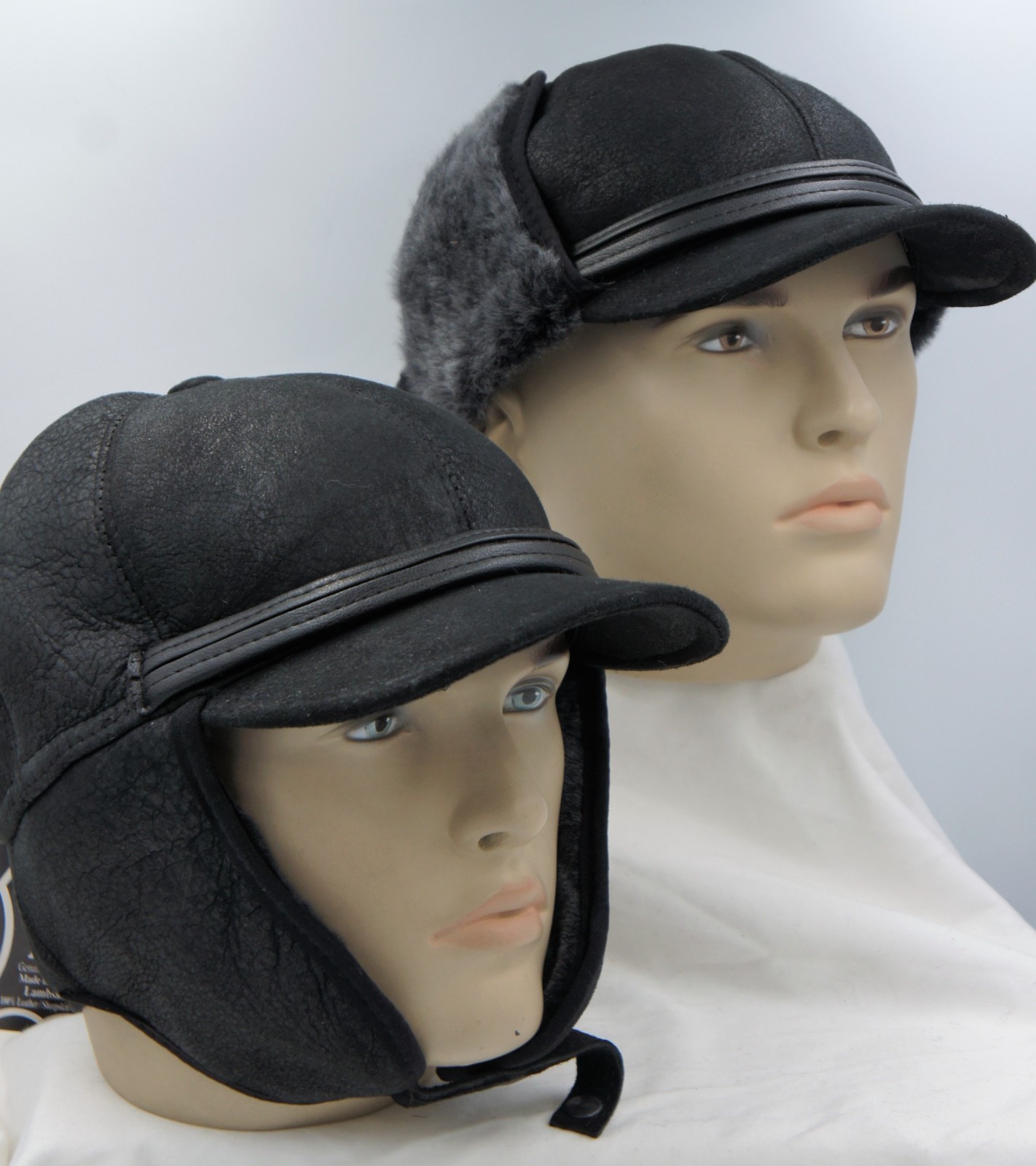 REAL SHEEPSKIN SHEARLING LEATHER Winter Aviator Hat Trapper Pilot S-3XL, BLACK