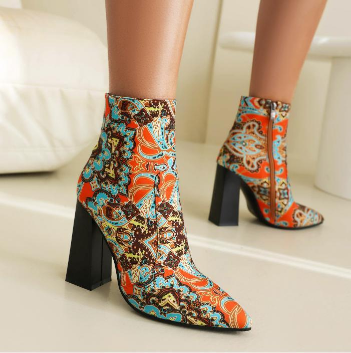 Retro Floral Women’s Pointed Toe Chunky Heels Side Zip Ankle Boots Fashion Pumps
