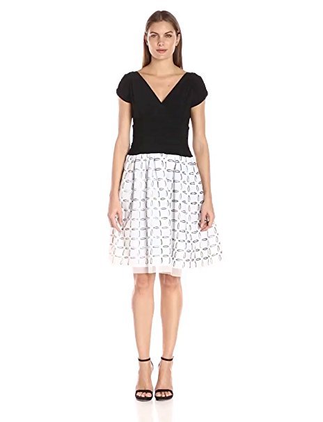 S.L. Fashions Black Stretch Knit Top w/White Print Cut Out Organza Skirt Dress