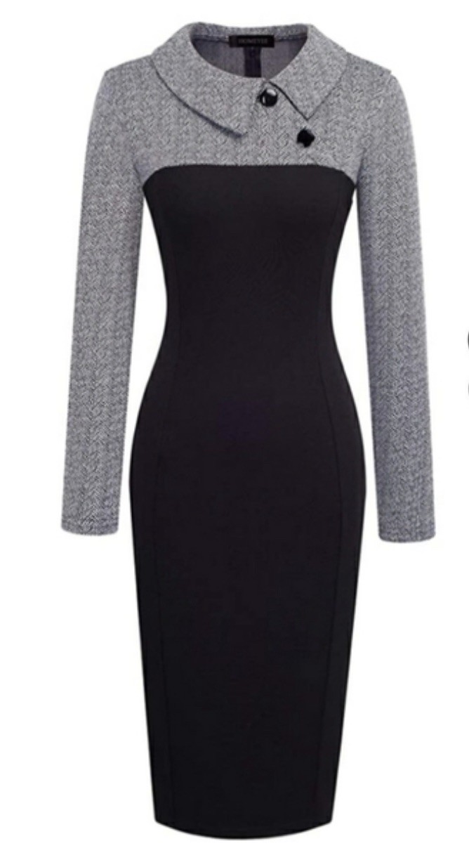 HOMEYEE Wear to Work Long Sleeve Herringbone Collared Sheath Dress XL Black Gray