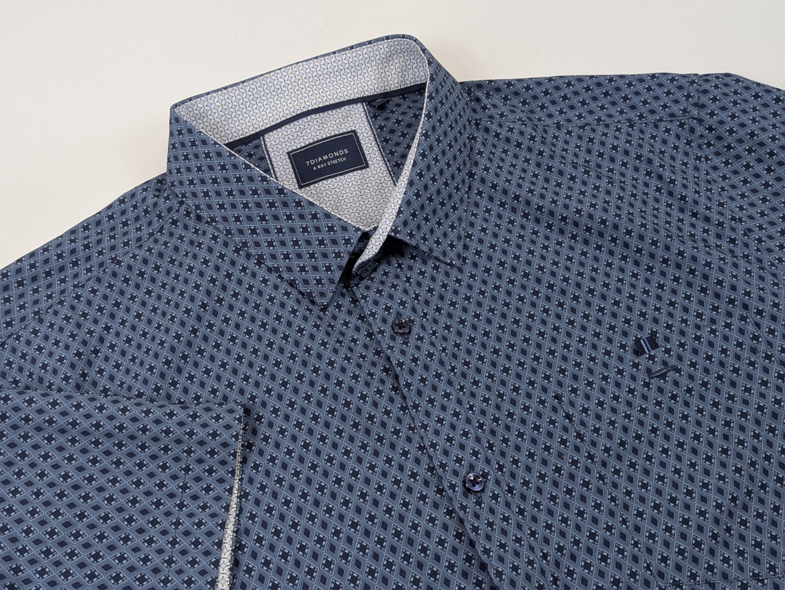 7 Diamonds 4 Way Stretch Shirt Mens 2XL Geometric Blue Button Up Short Sleeve