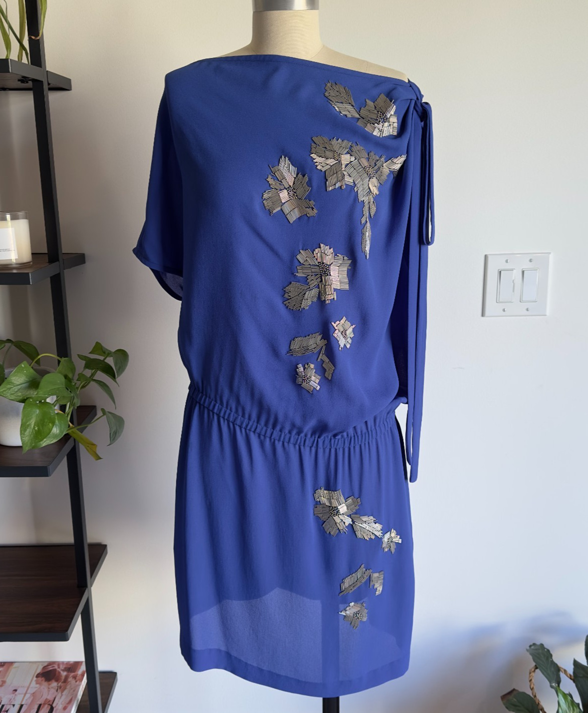 Robert Rodriguez Royal Blue Sheath Dress-Silver Beaded Floral Design-Size 4 $175