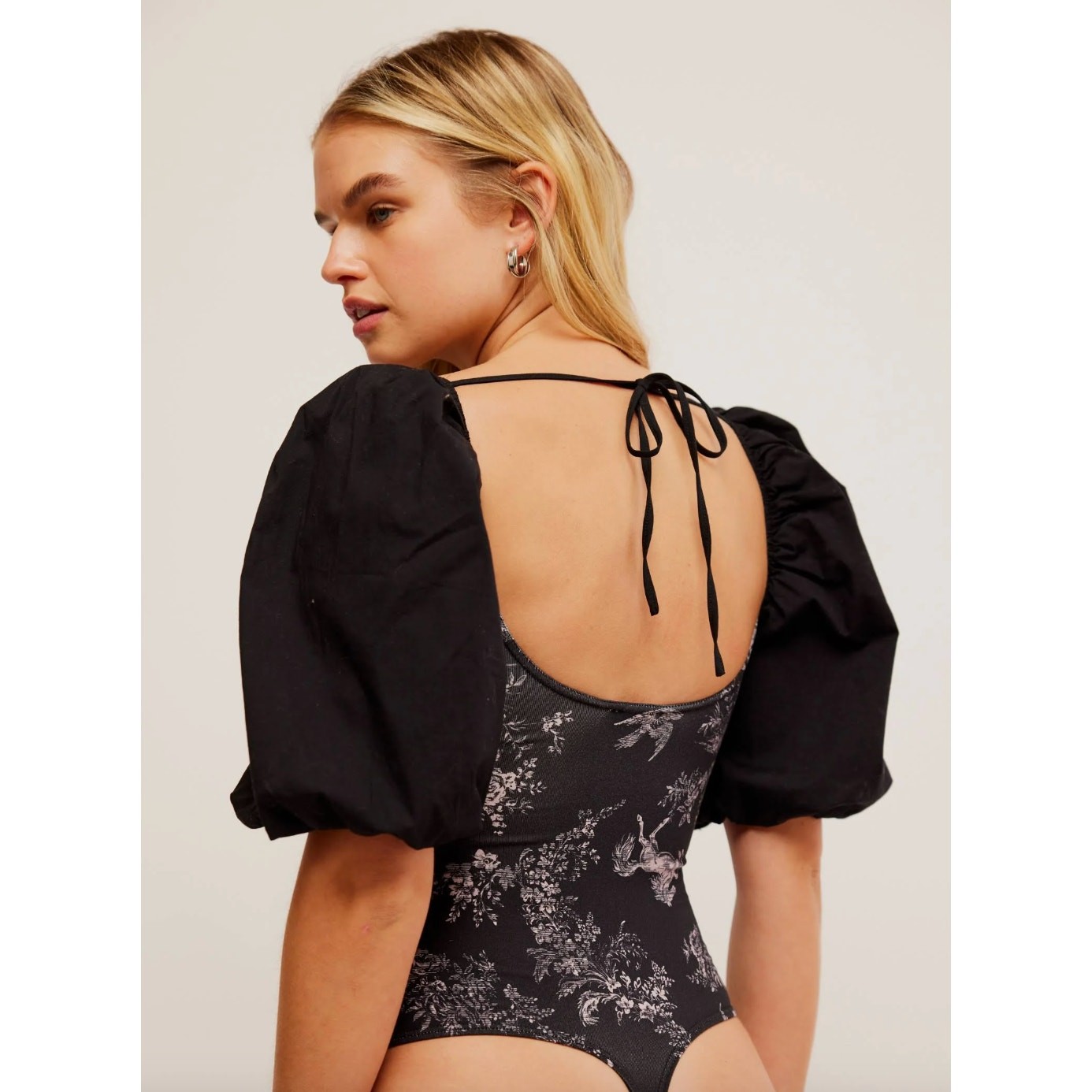 Free People Prarie Rose Puff Sleeve Bodysuit Black Coquette Romantic Large NWT
