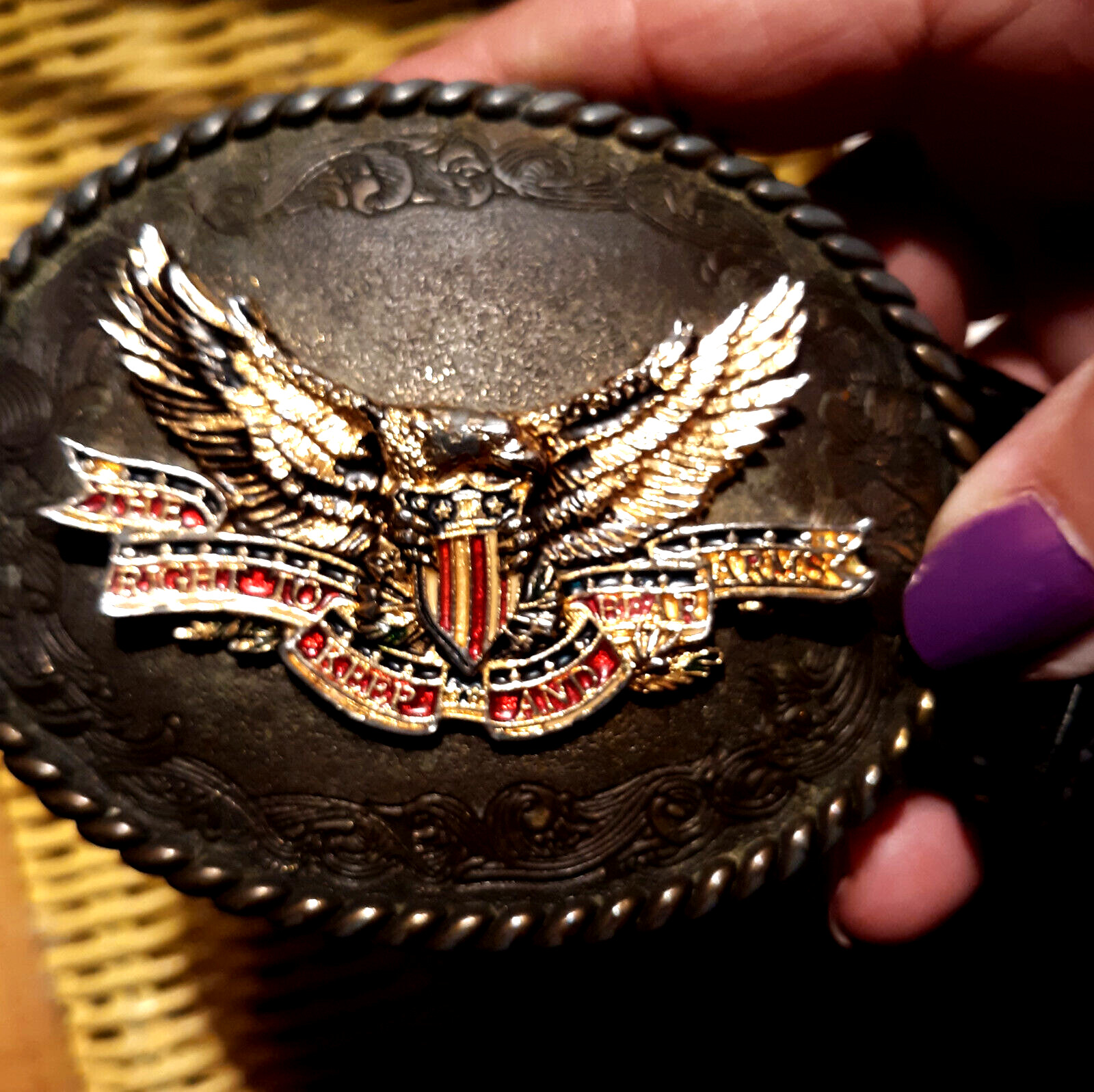 VTG DunDee Tooled Leather Zip $$ Belt 80sRainTree Buckle Eagle “Bare Arms”Sz 38