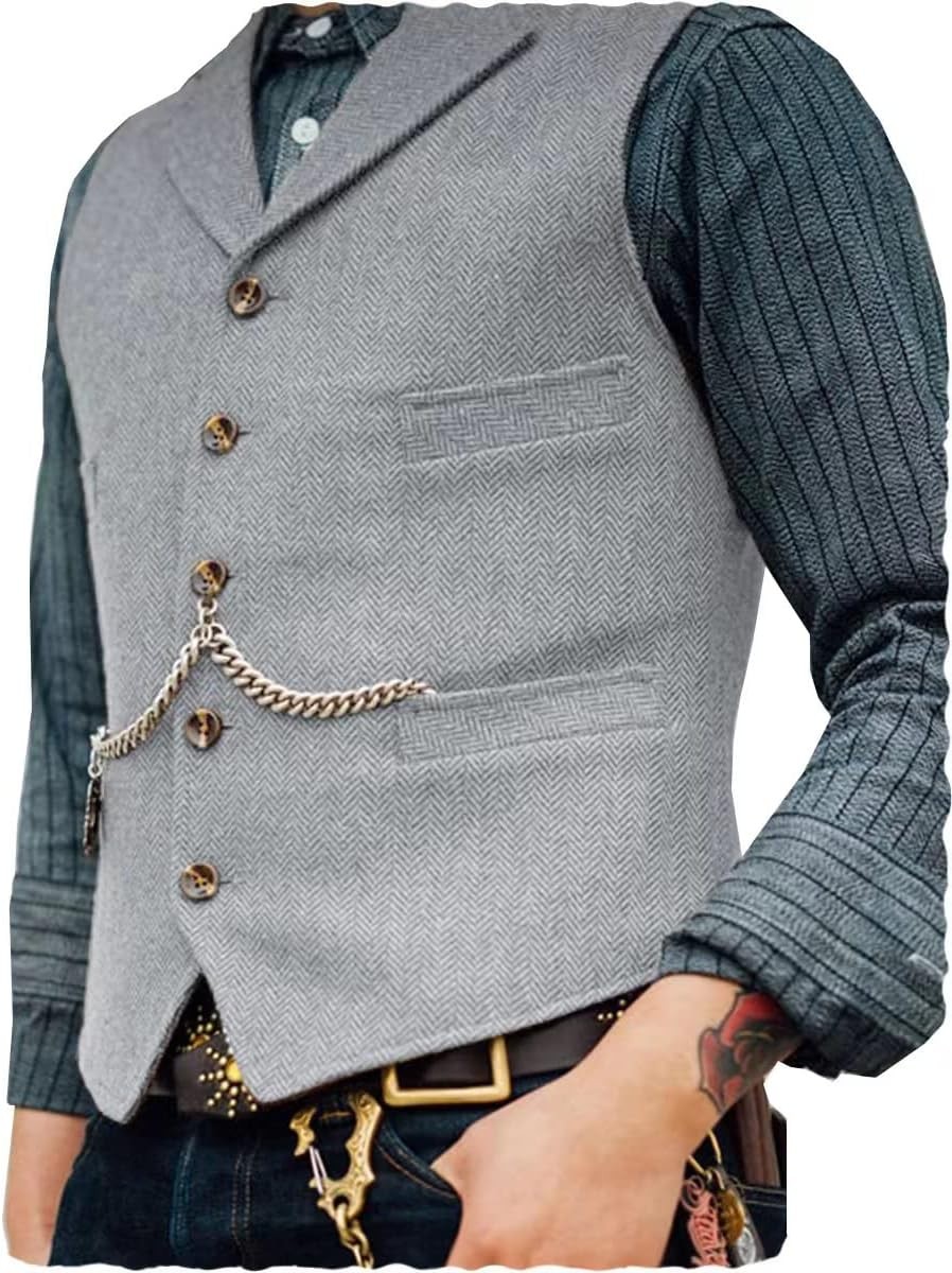 Mens Retro Wool Tweed Vest V Neck Herringbone Waistcoat for Formal Wedding Party