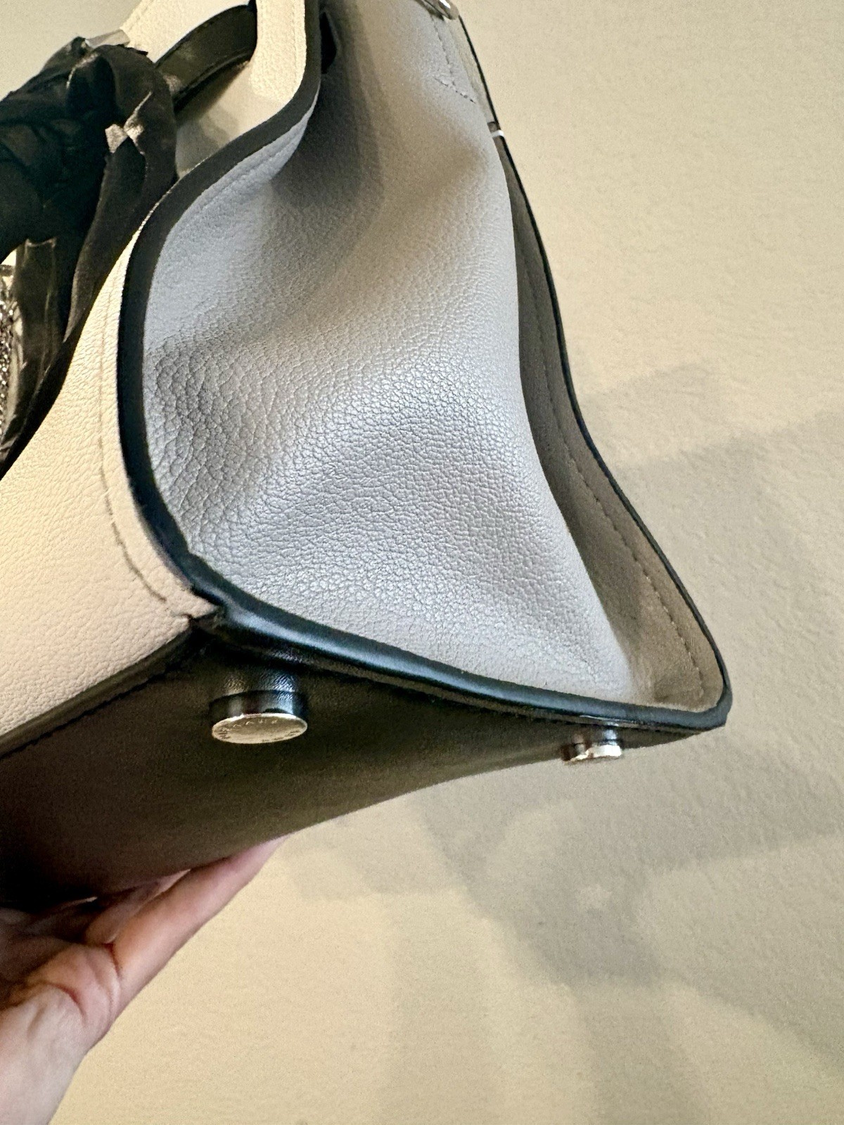 Michael Kors Large White & Black Pebbled Satchel Top Handle Silver Lock Charm
