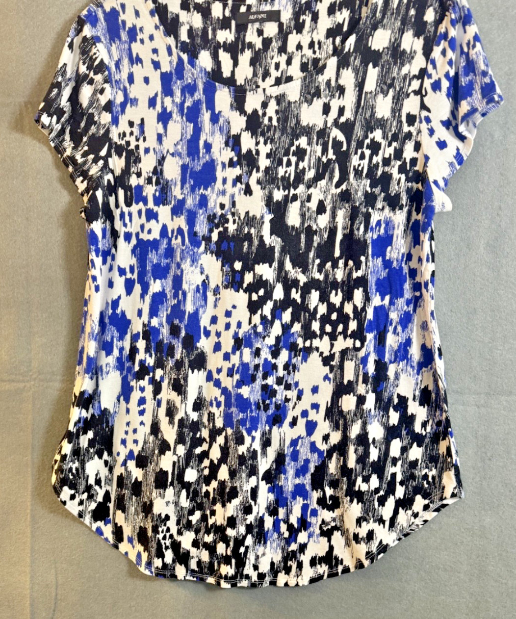 Alfani Blouse Small Blue Black Geometric Abstract Print Cap Sleeve Top Career