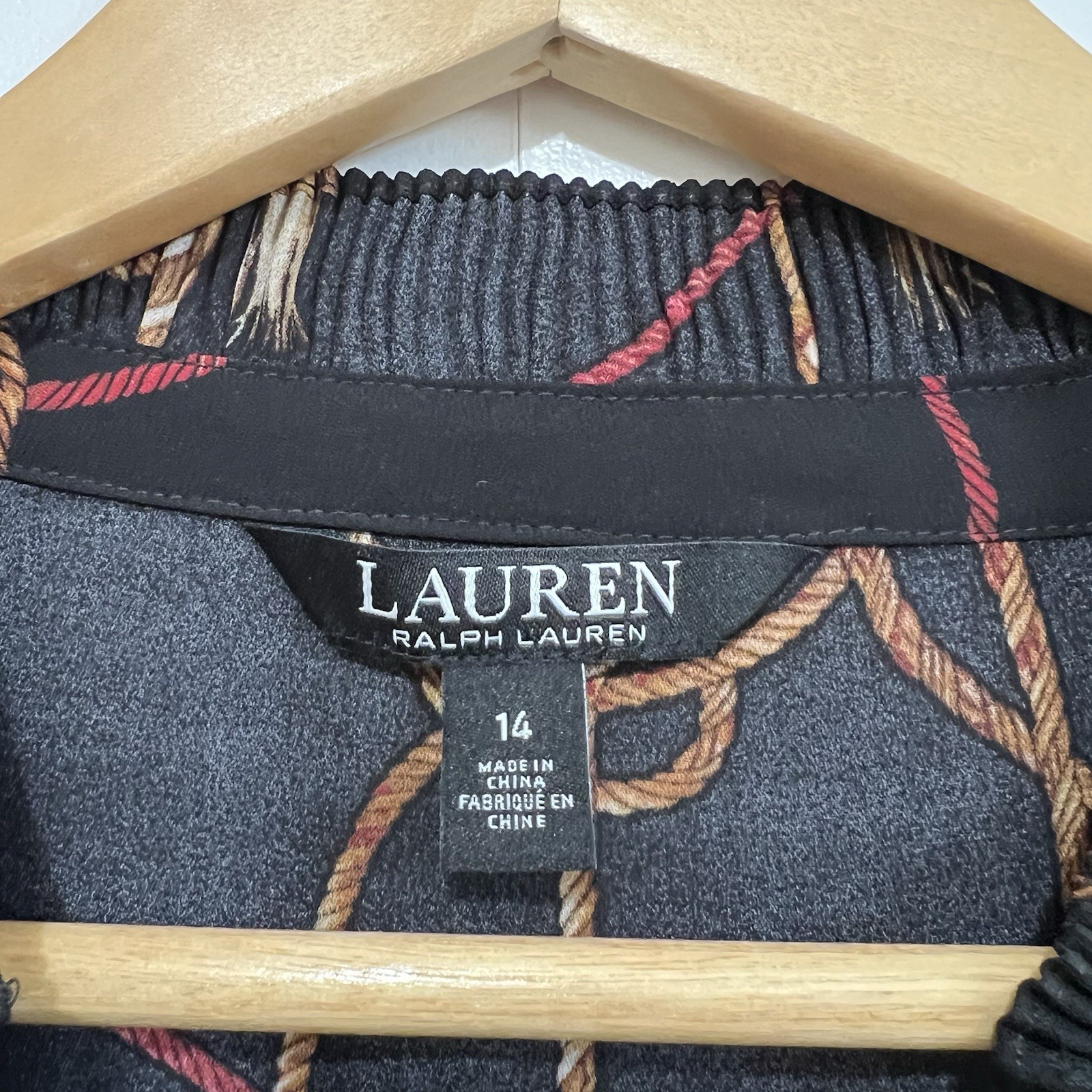 Lauren Ralph Lauren Black Tassel-Print Georgette Tie Neck Midi Dress Size 14