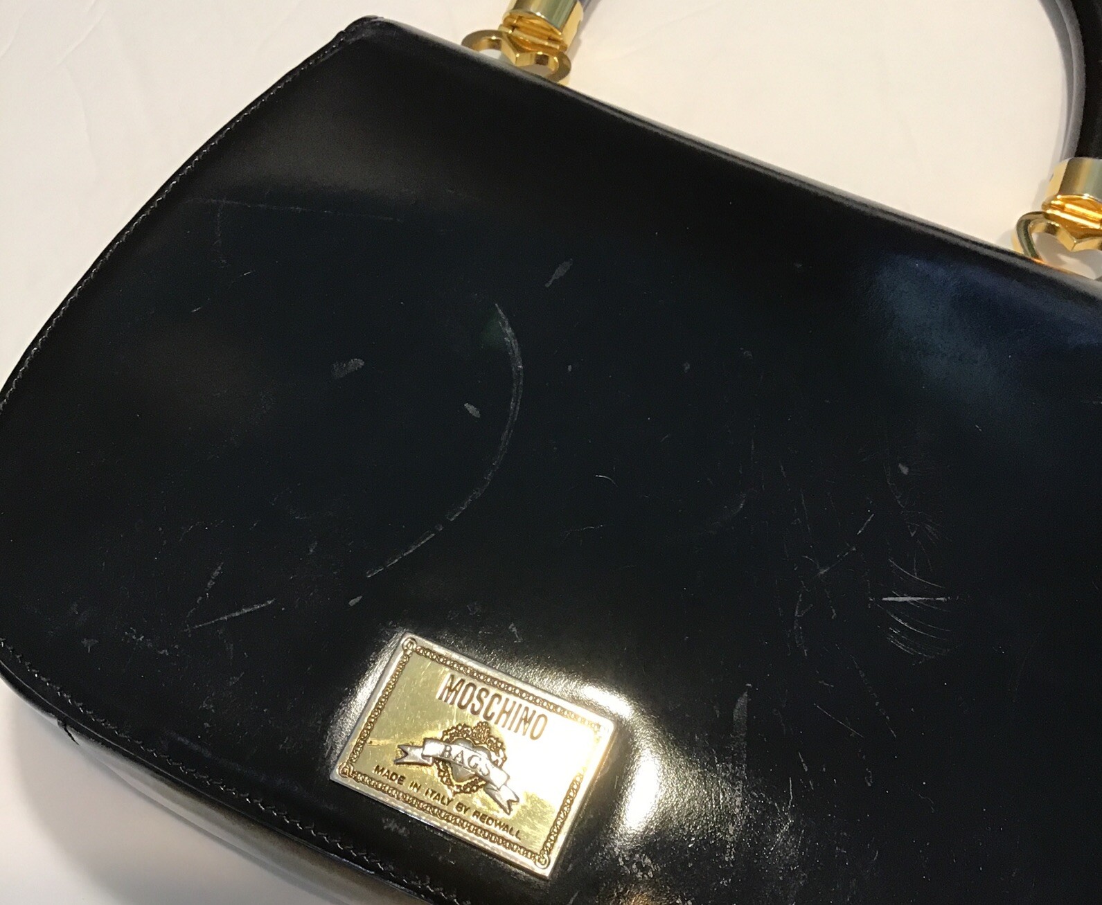 RARE 1990’s VTG. MOSCHINO / REDWALL LOVE & PEACE Black Patent Leather Handbag