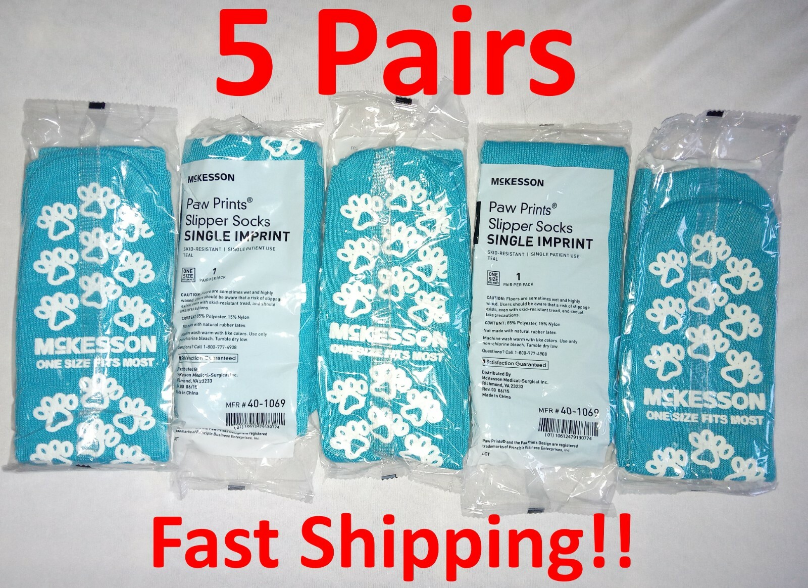 5 Pair McKesson Slipper Hospital Socks One Size Fits Most Teal Above the Ankle !