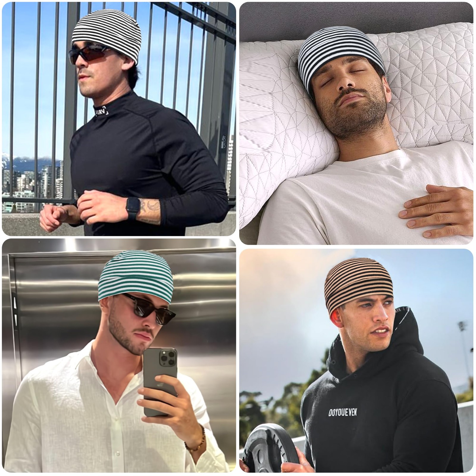 Qearl 3 Pcs Cotton Skull Caps Beanie Sleeping Hats for Men 1, Multicolor