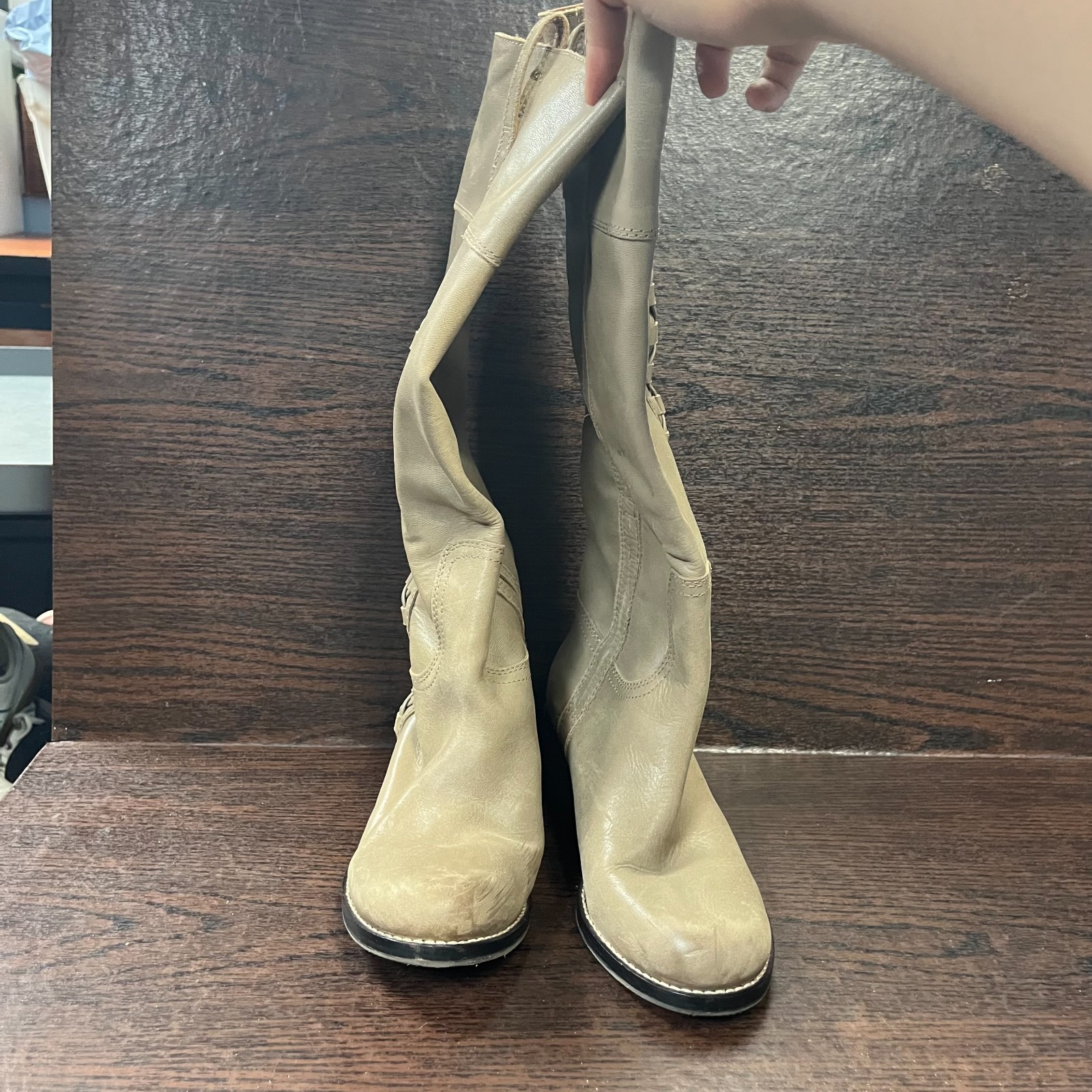 Lucky Brand Women’s Hidranja Knee High Boot 7M Beige Leather Stacked Heel Woven