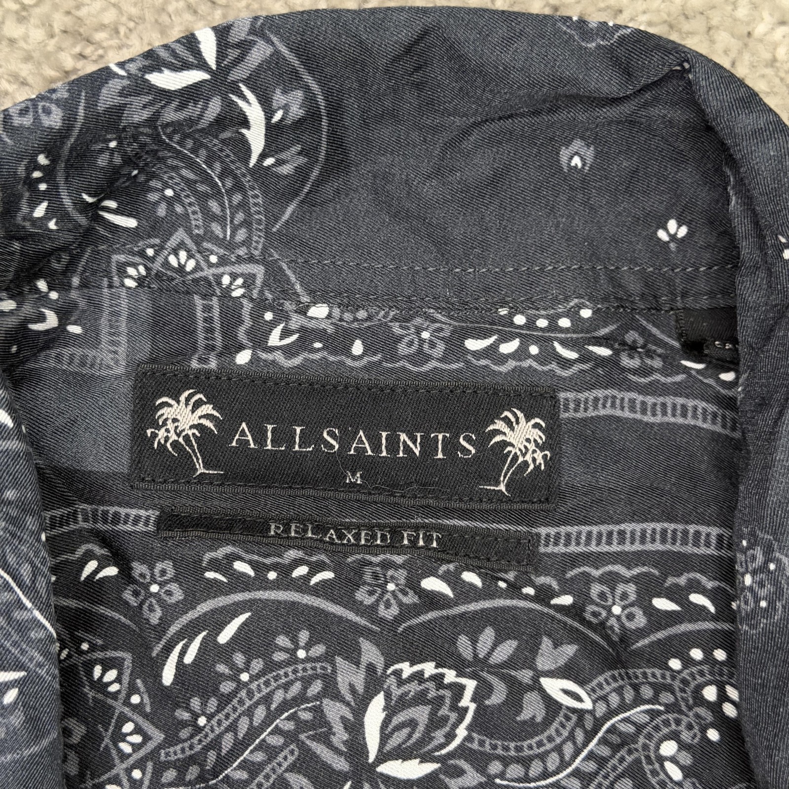AllSaints Shirt Mens M Black Paisley Button Up Short Sleeve Relaxed Fit