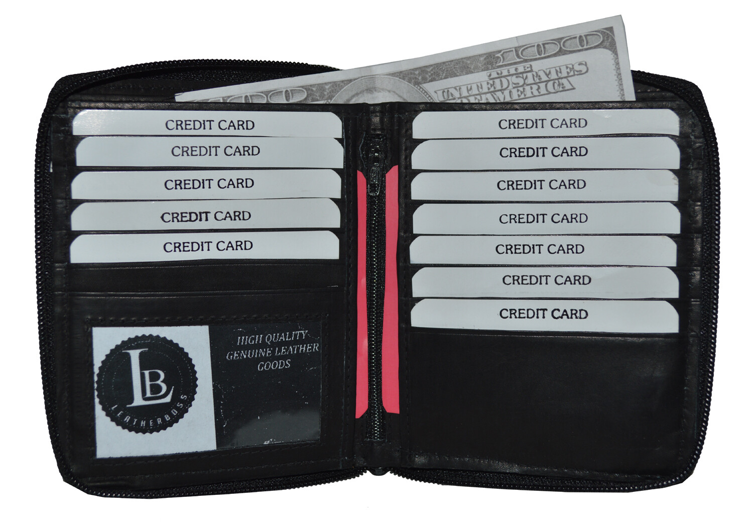 Leatherboss Genuine Leather Men RFID Blocking Zipper Credit Card Wallet , Black