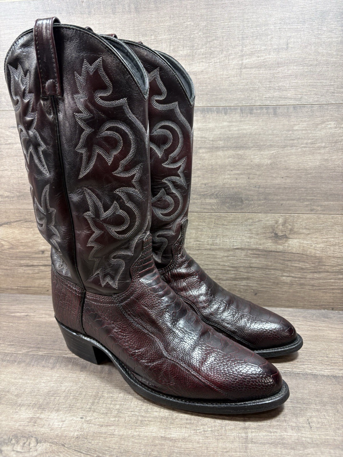 J Chisholm Genuine Ostrich Skin Cowboy Boots Burgundy Leather Mens Size 10.5 D