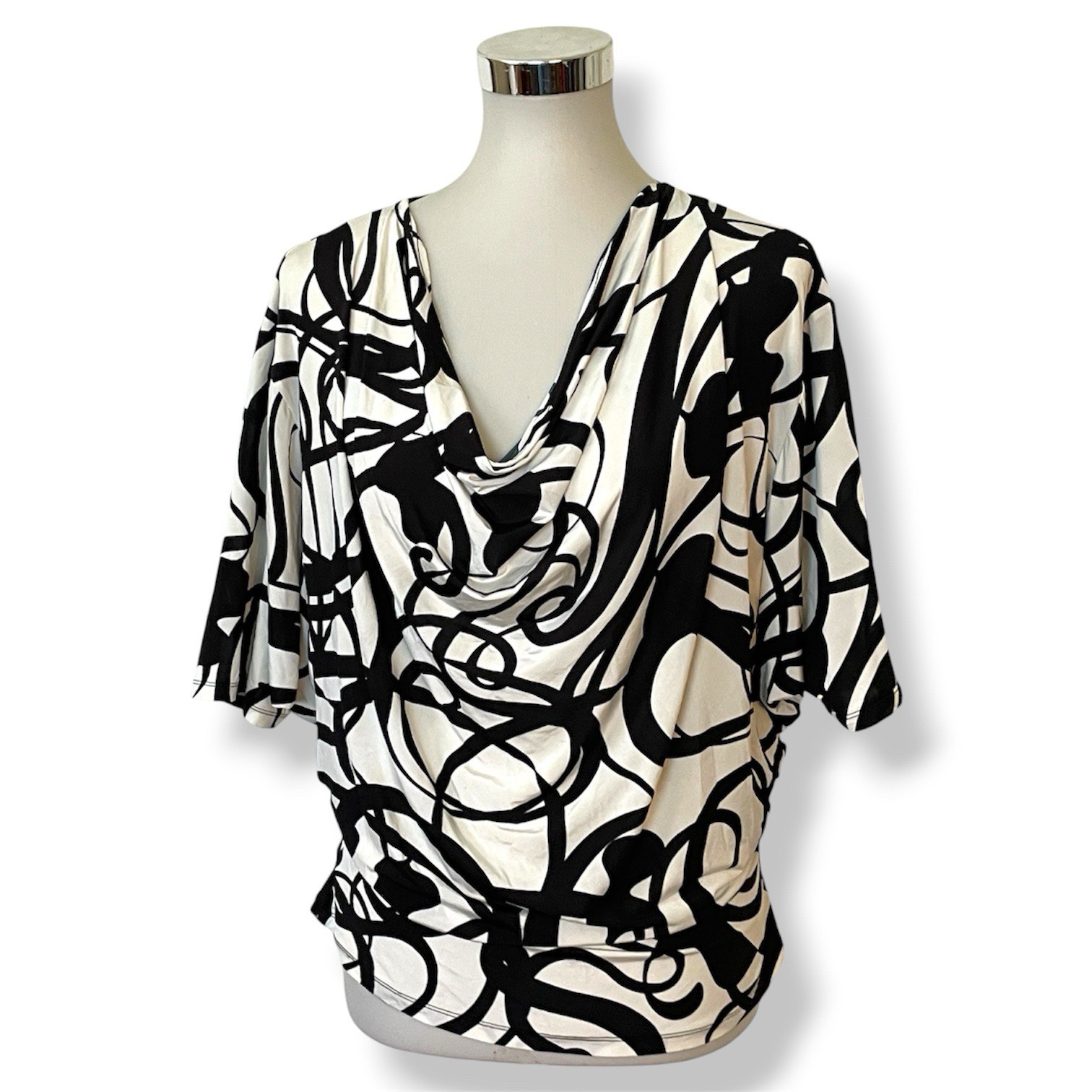 Rosemarie B France Jersey Knit Top Black White Print Draped Neckline Size M