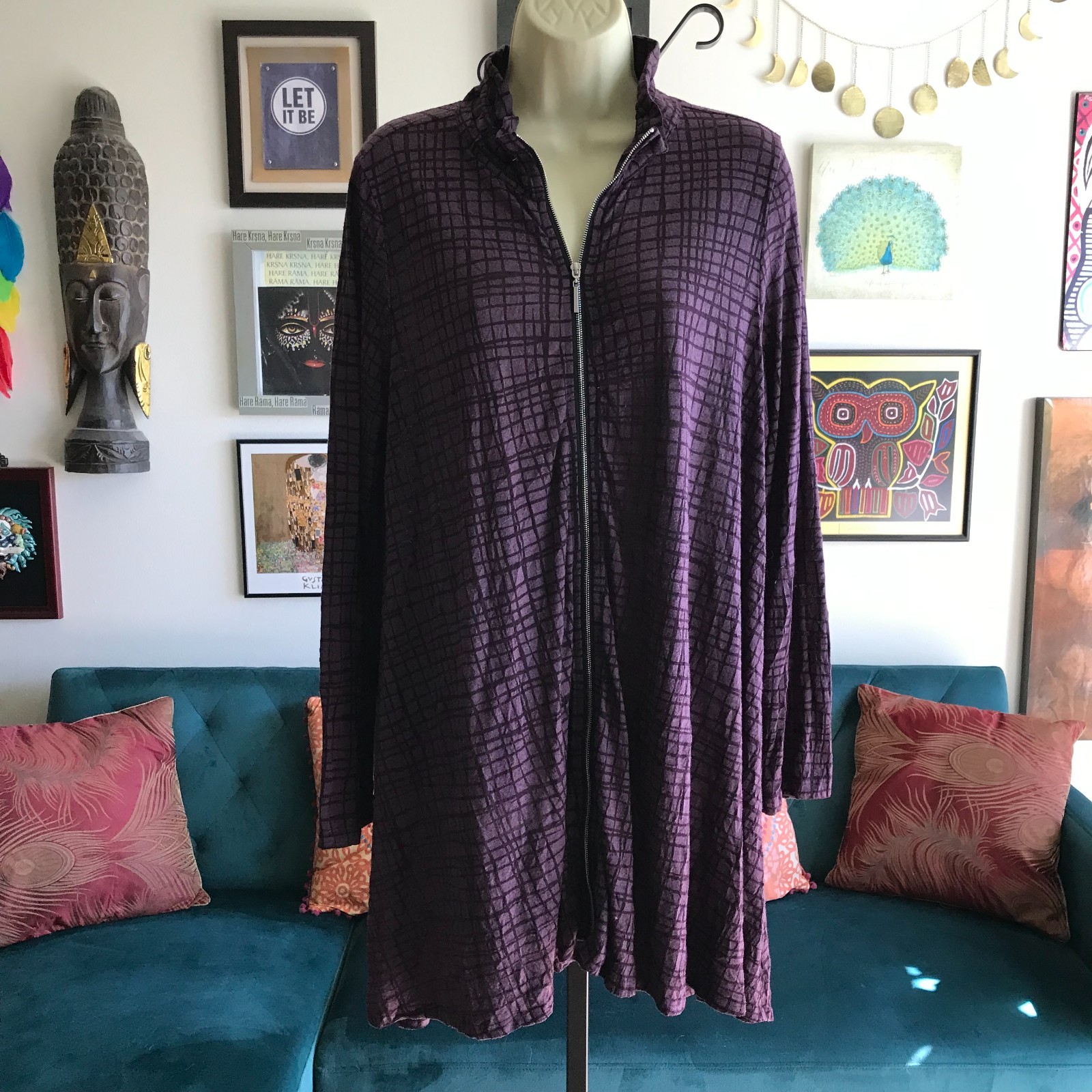 COMFY USA size L Purple Burnout Textured Full Zip Cardigan Top Artsy Flared