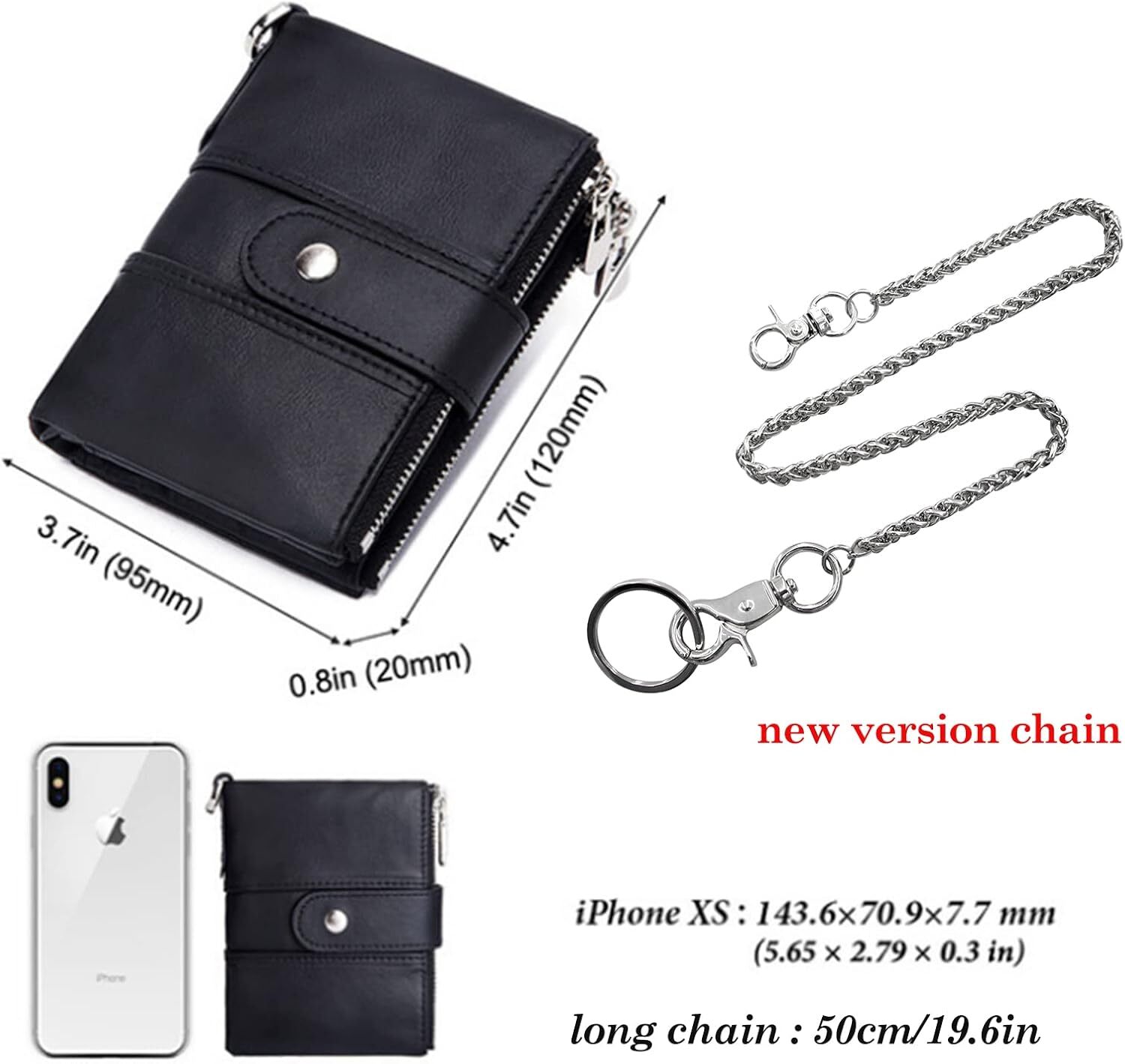Real Leather Bifold Wallets for Men Double Zip Coin Pocket Purse with Chain