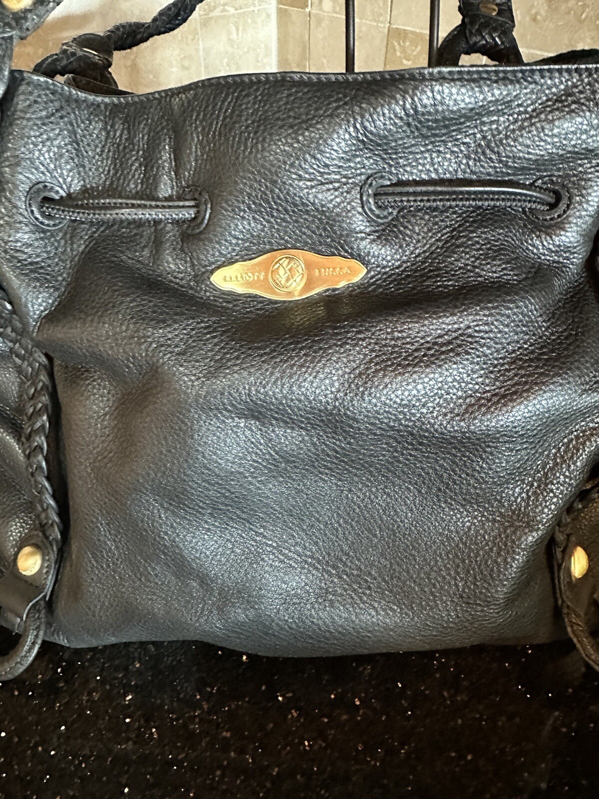 ELLIOTT LUCCA Black Leather Drawstring Shoulder Tote Bag Purse NEW With Tags