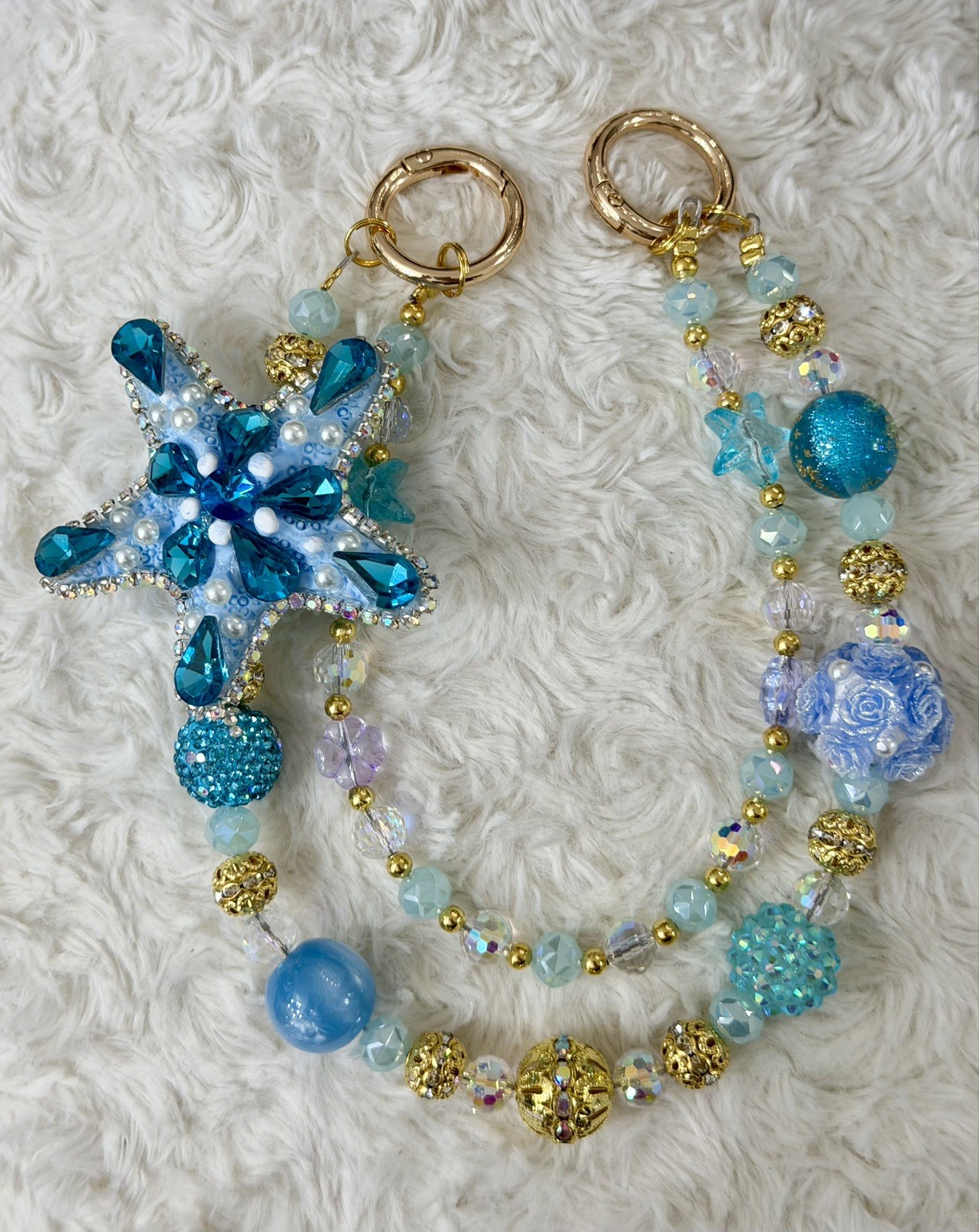 Crystal Light Blue and Gold Starfish Handbag and Keychain Charm