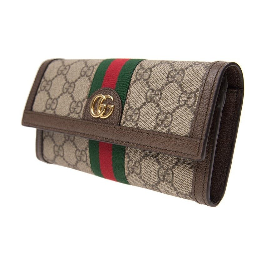 Gucci monogram logo striped canvas and leather wallet 7.48×1.38×3.9 in