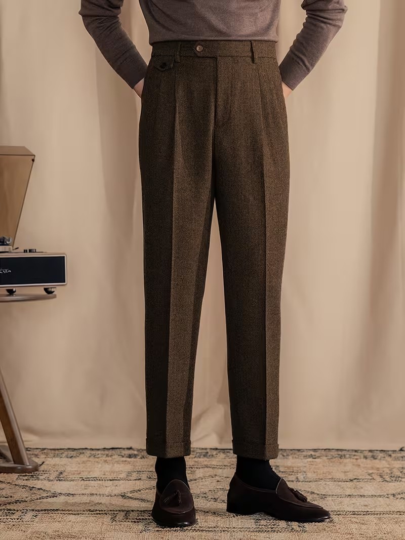 Mens Herringbone Casual Pants Pleated High Waist Trousers for Daily Work Office