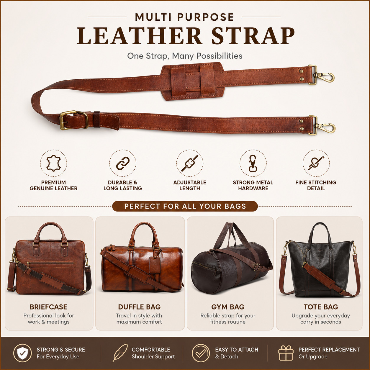 Handmade Leather Shoulder Replacement Strap for Messenger Briefcase Bag & Duffle
