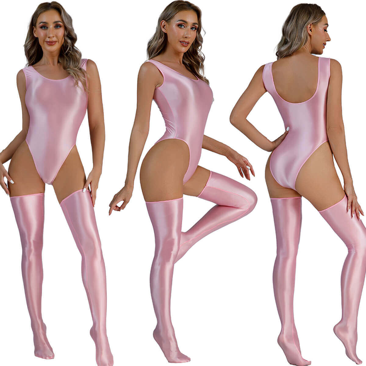 Womens Wet Look Shiny Bodysuit Lingerie Catsuit Tank Romper Top / High Stockings
