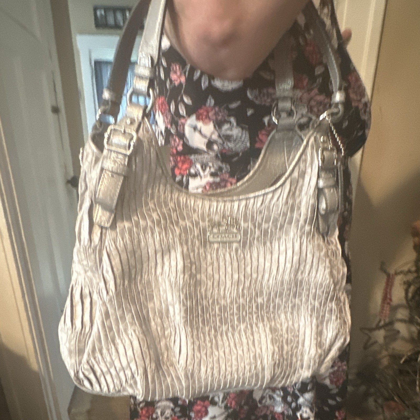 Coach Madison Maggie Large Metallic Silver Shoulder Bag Zip Ruched and Pleated