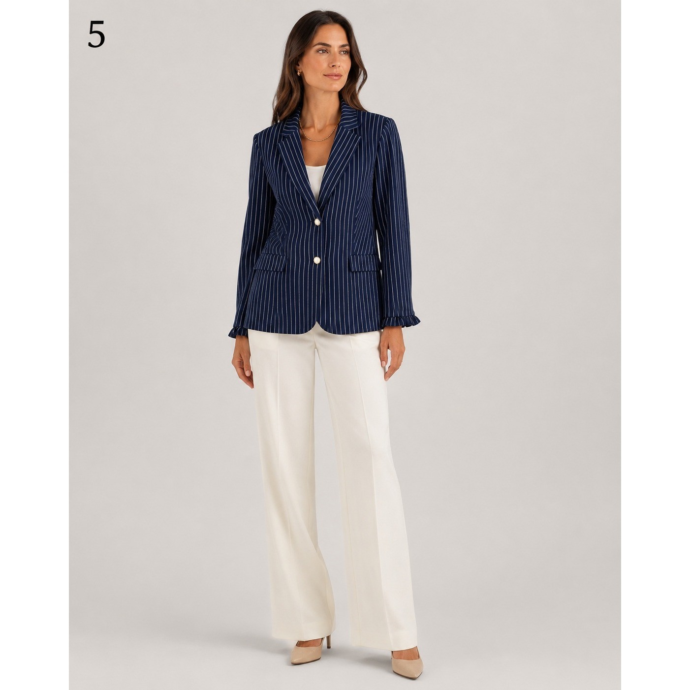 Chico’s Navy Blue Pinstripe Blazer Faux Pearl Buttons Ruffle Cuff Womens 2 Large