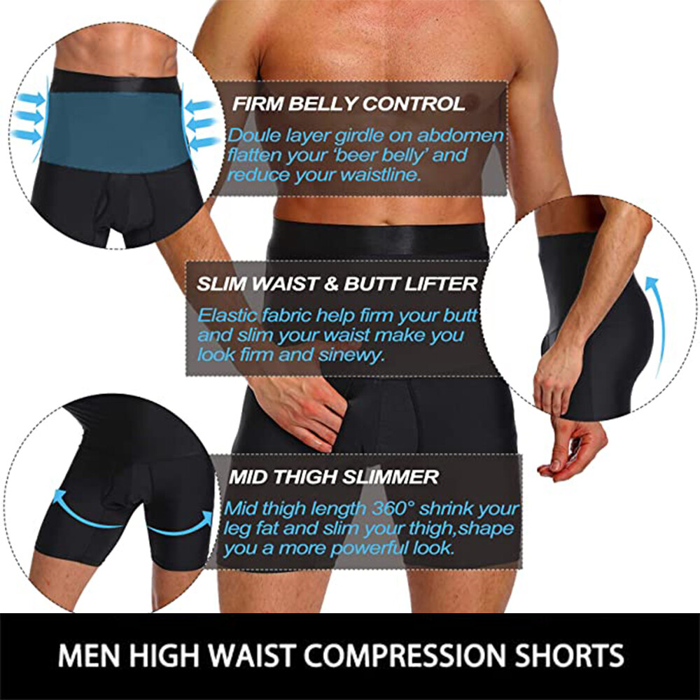 Men Compression Hi-Waist Boxer Shorts Tummy Slimming Body Shaper Girdle Pants