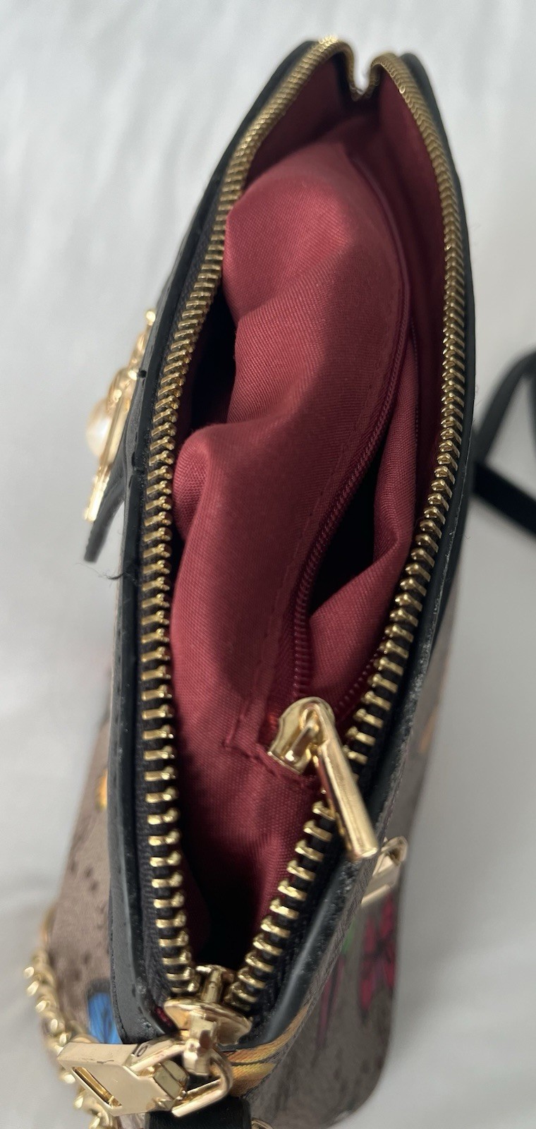 Brown Multicolor Butterfly Crossbody Bag Zip, Gold HW, Chain Bee, Adj Strap