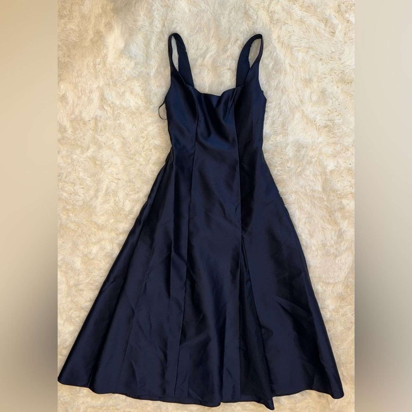 New Alfred Sung Square Neck Satin A-Line navy blue Gown D826 Sz 6