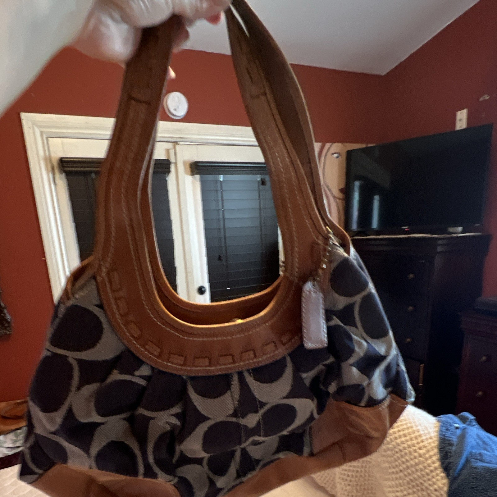 Coach Signature Logo Crescent Shoulder Bag Blue/Brown Snap, Brass, Hang Tag