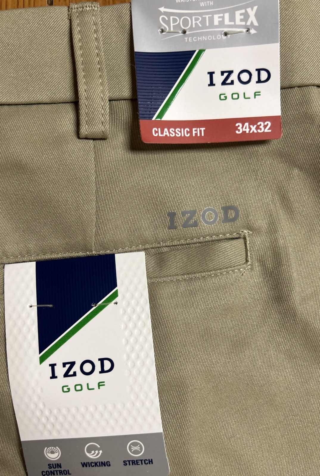 NWT Izod Golf Classic Fit Sport Flex Flat Front R Khaki Dress Pants Size 34 x 32