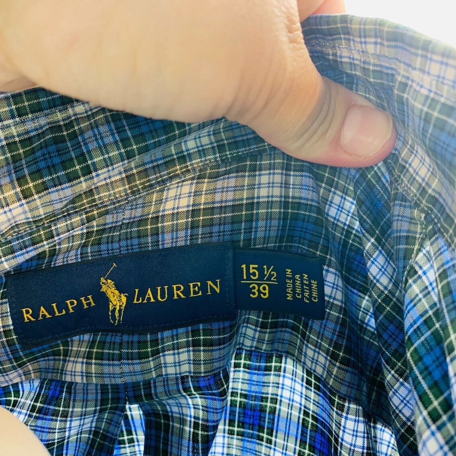 Ralph Lauren Mens Dress Shirt Button Down Blue Green Plaid Size 15.5 – 39 | M