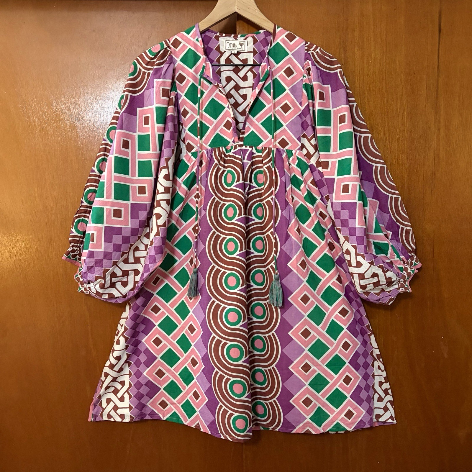 Mille Resort Travel Daisy Mini Dress Geometric Print Green Purple Brown Size S