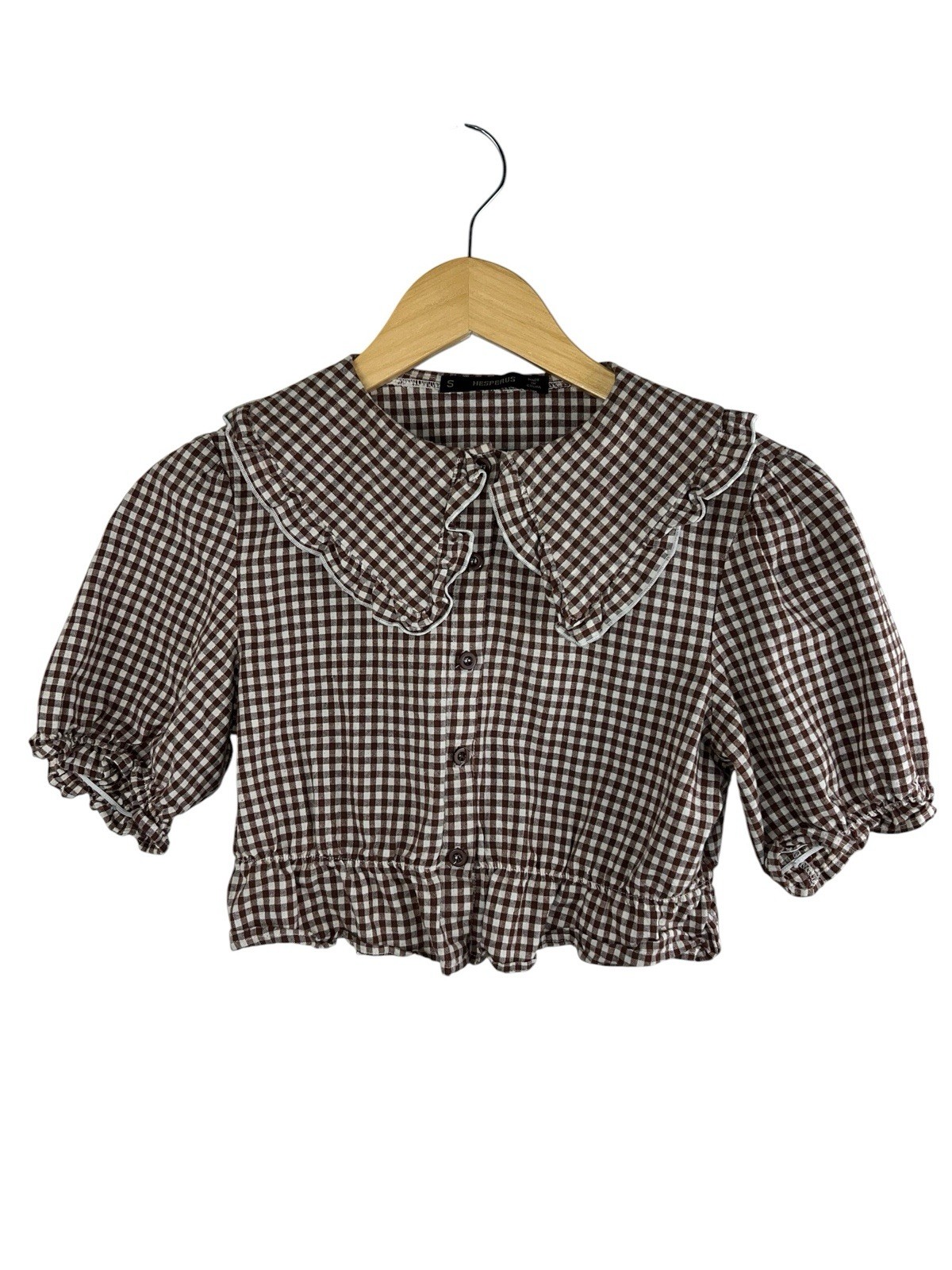 Hesperus Brown Gingham Peter Pan Collar Crop Blouse Ruffle Cotton Women’s S