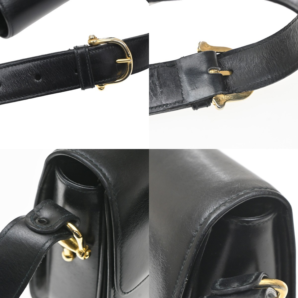 CELINE PARIS Logo Horse Carriage Shoulder Bag Leather Black Gold Italy 38KD451