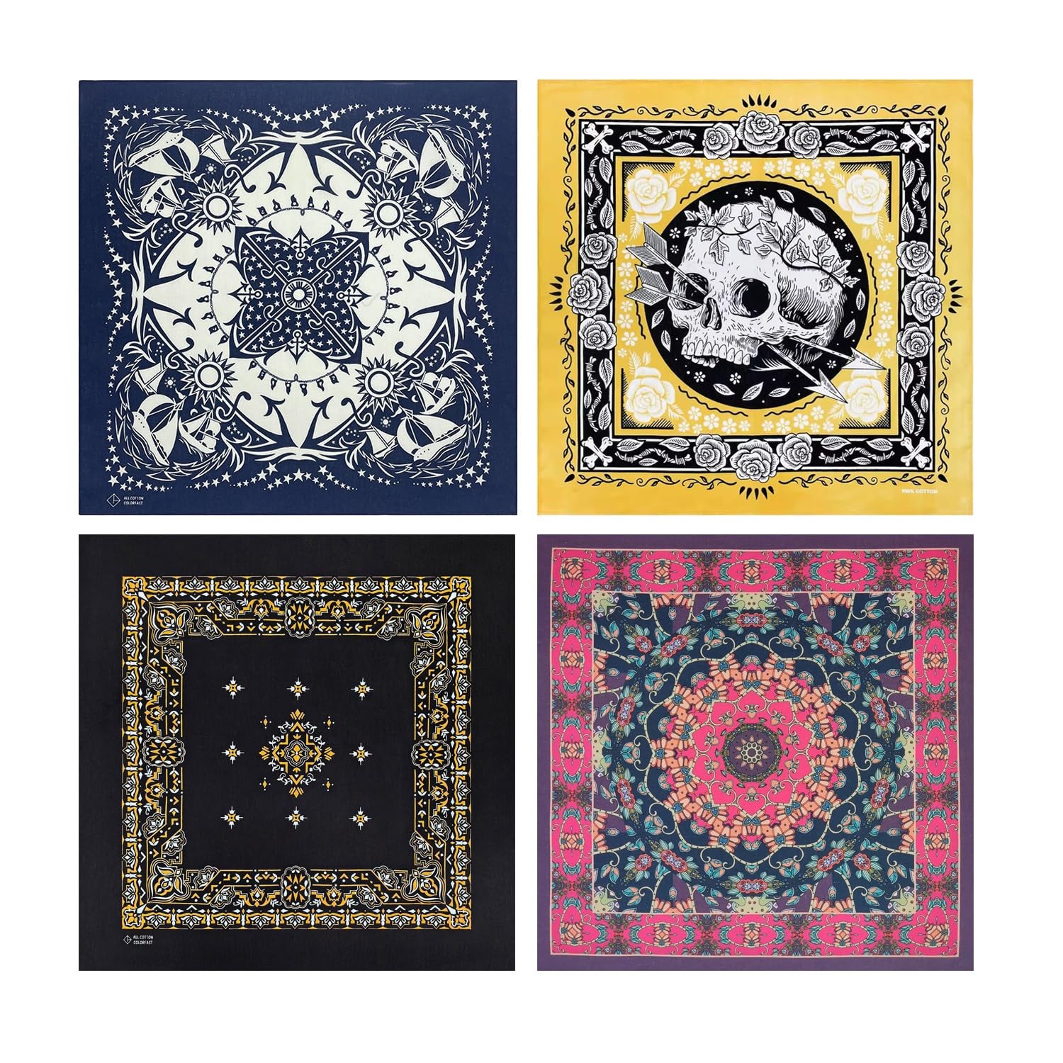 Bycc Bynn 4-Pack 100% Cotton Bandana Set, Vintage Graphic Print, 22×22 inches…
