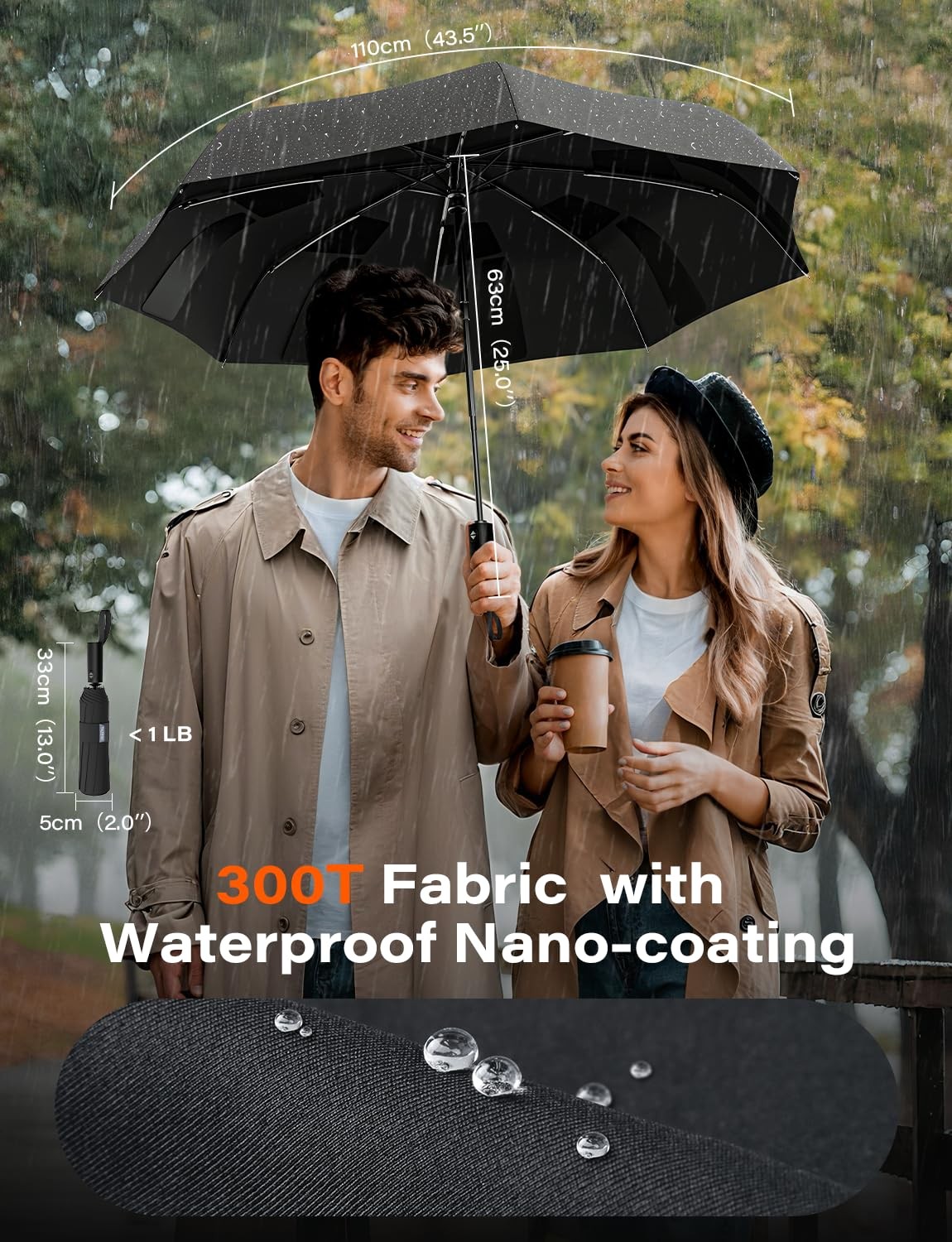 Auto-Tidy Travel Umbrella, Auto Open Close Compact Umbrella for Rain, BIACK