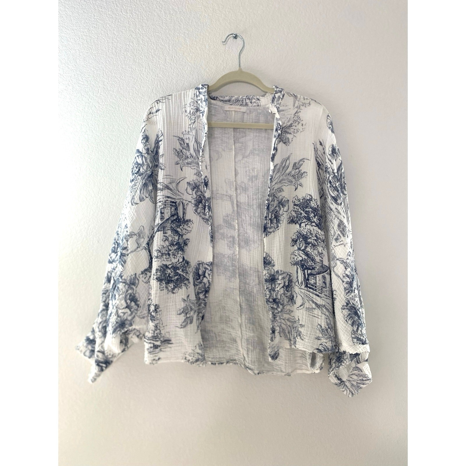 Milo Milano Blue White Toile Print Cotton Gauze Cardigan Dolman Sleeve Size M